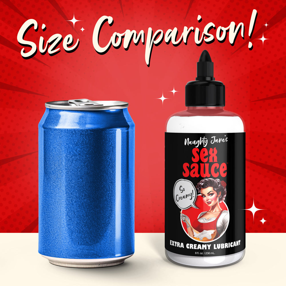 Naughty Janes Extra Creamy Lubricant bottle next to a soda can.