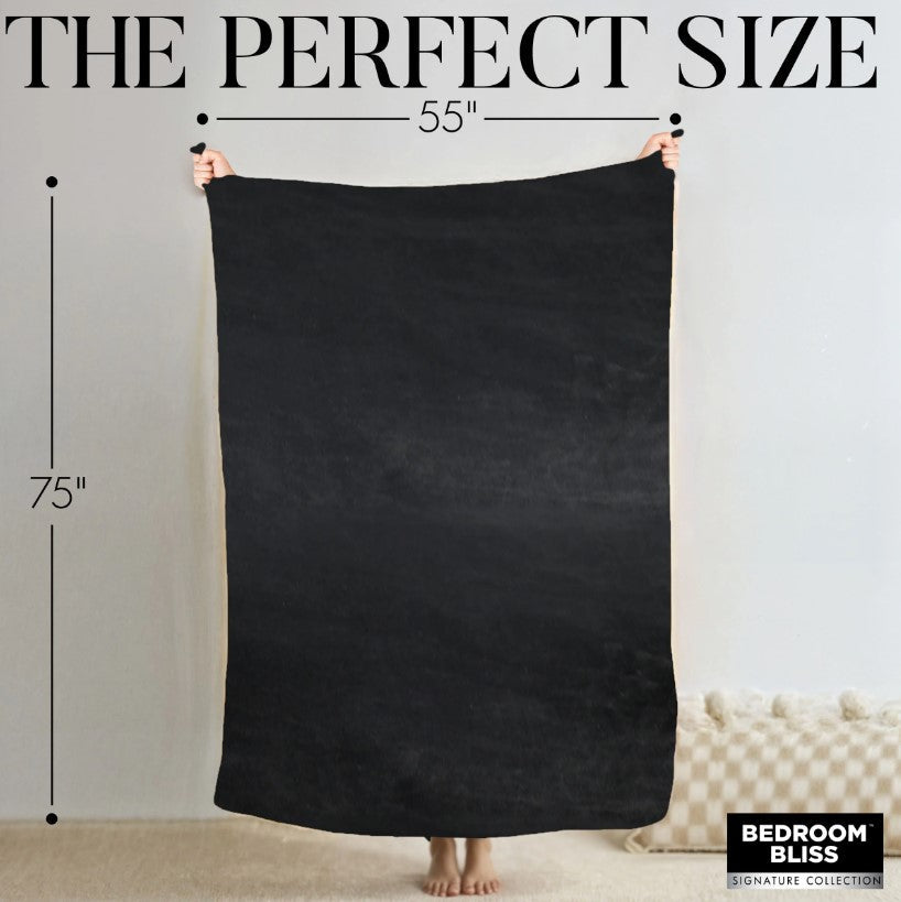 A black velvet throw blanket is displayed, measuring 55 by 75 inches.