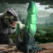 Dinosaur fantasy silicone dildo with suction cup base.