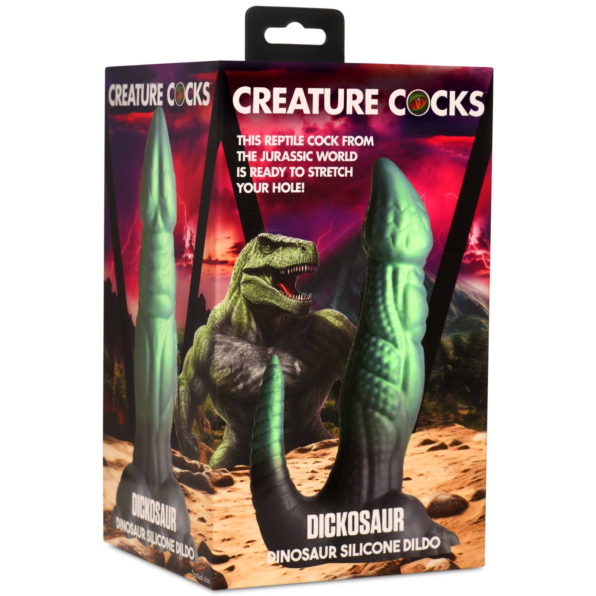 Dinosaur fantasy silicone dildo with suction cup base.