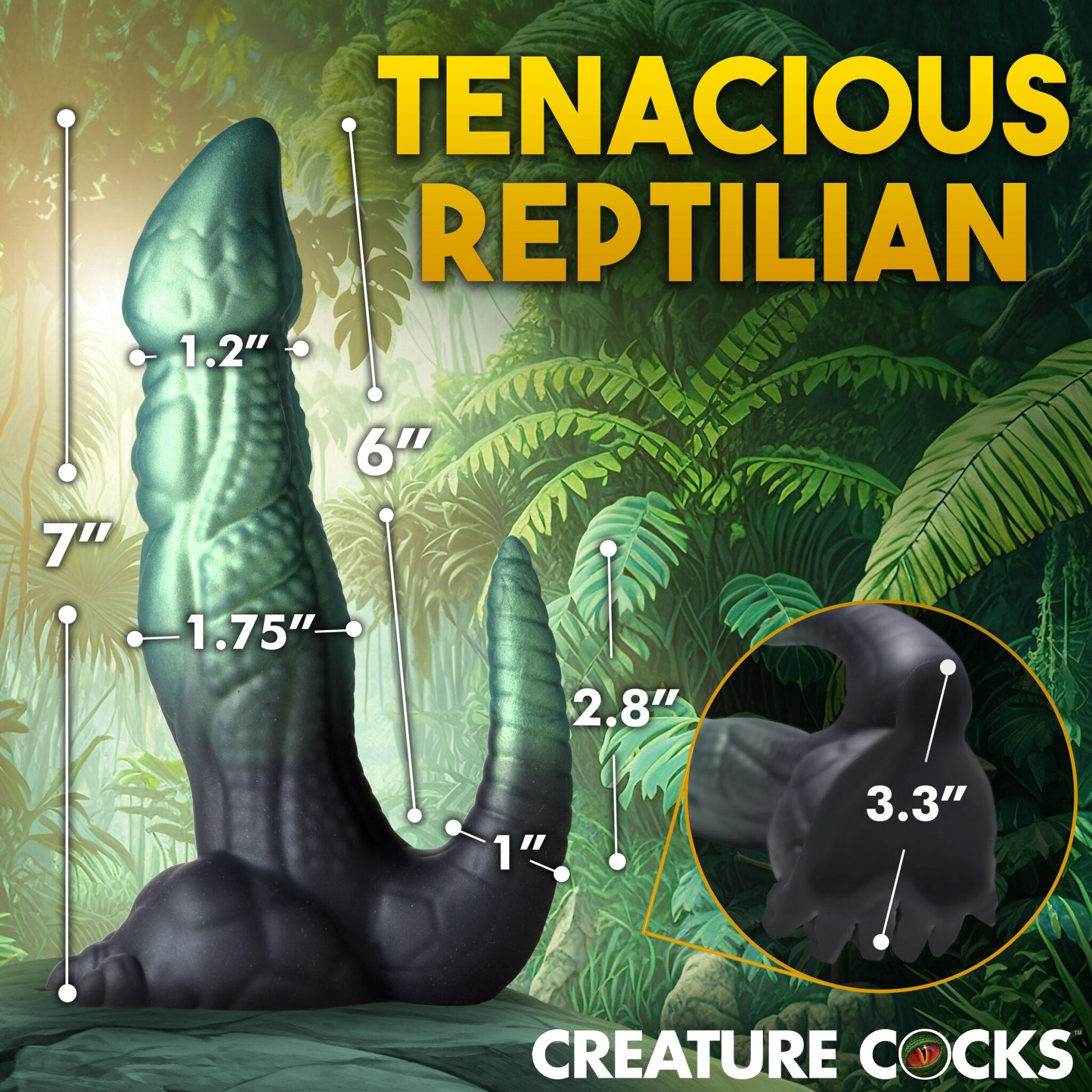 A dinosaur-themed silicone dildo with textured shaft and suction cup base.