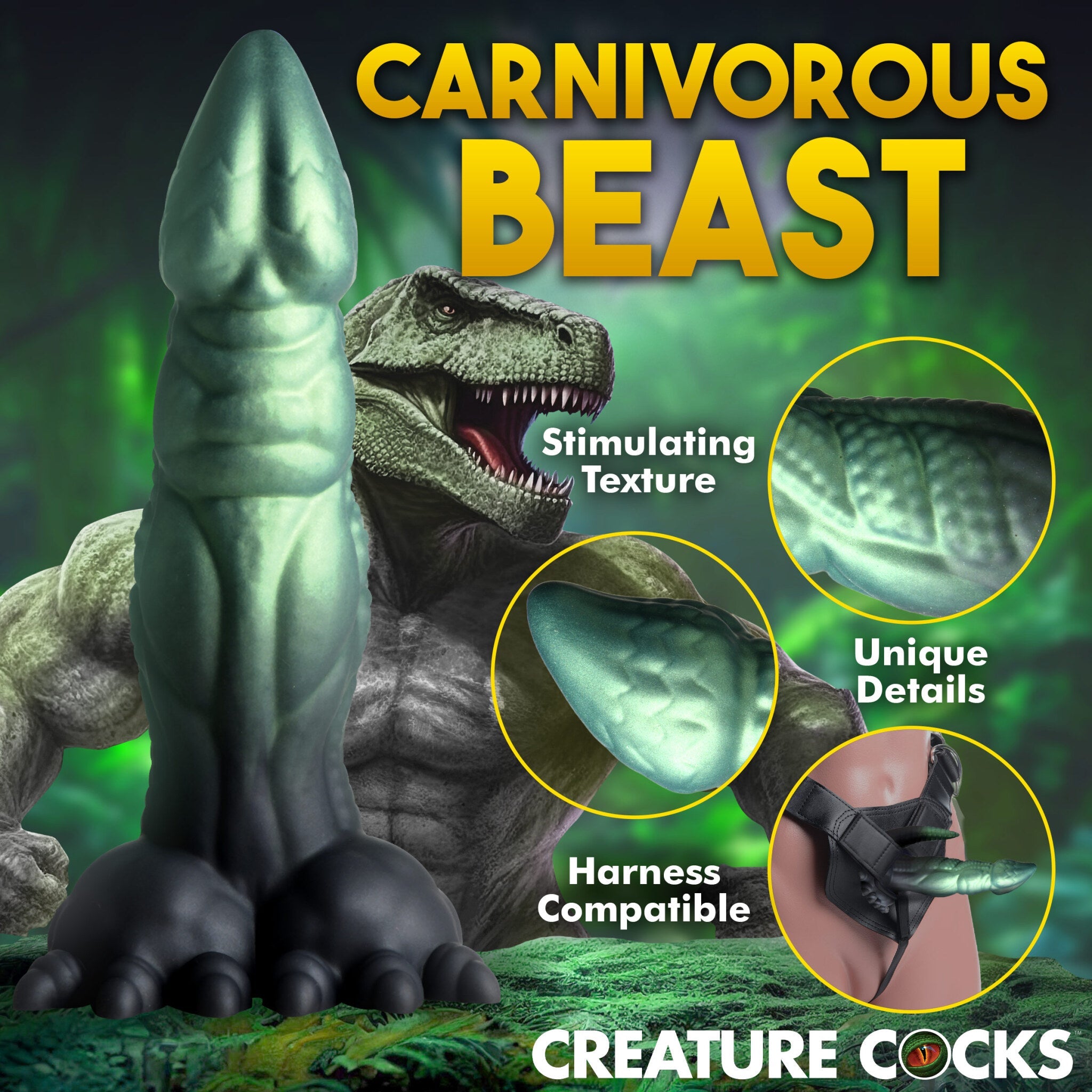 Dinosaur fantasy silicone dildo with textured shaft and suction cup base.
