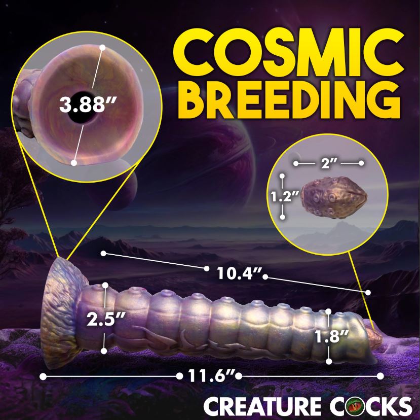 A textured, iridescent silicone dildo with tentacle-like segments and a hollow cavity.