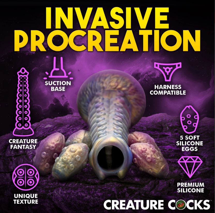 A textured silicone dildo with suction base, harness compatibility, and five silicone eggs.