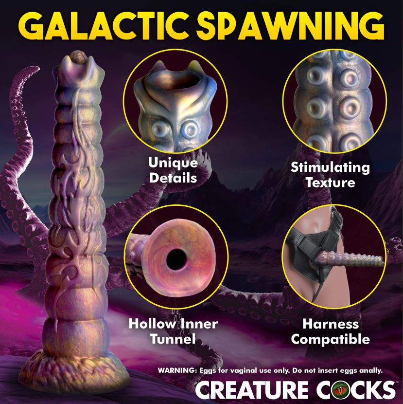 A textured, iridescent silicone dildo with a hollow tunnel and tentacle details.