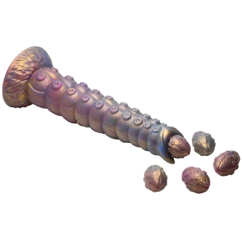 Iridescent tentacle dildo with suction cup base and four detachable egg-shaped attachments.