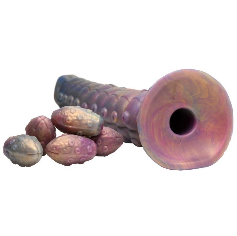 A purple and pink iridescent silicone dildo with tentacle-like texture and four small egg-shaped attachments.