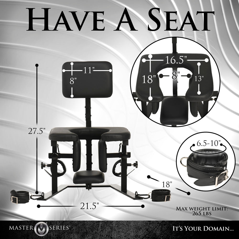 Adjustable black pleasure throne sex chair with cuffs and dimensions.