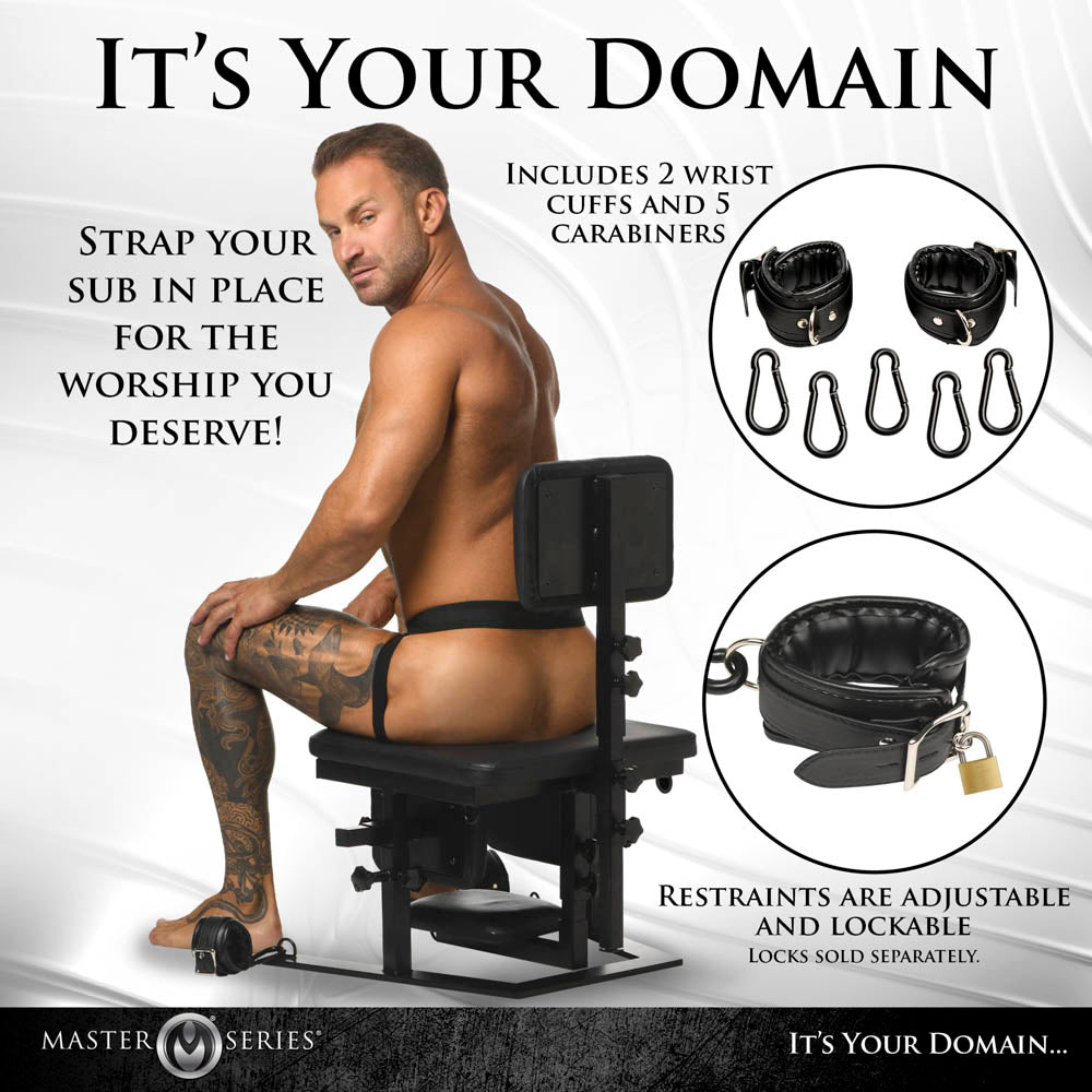 Adjustable sex chair with restraints, cuffs, and carabiners.