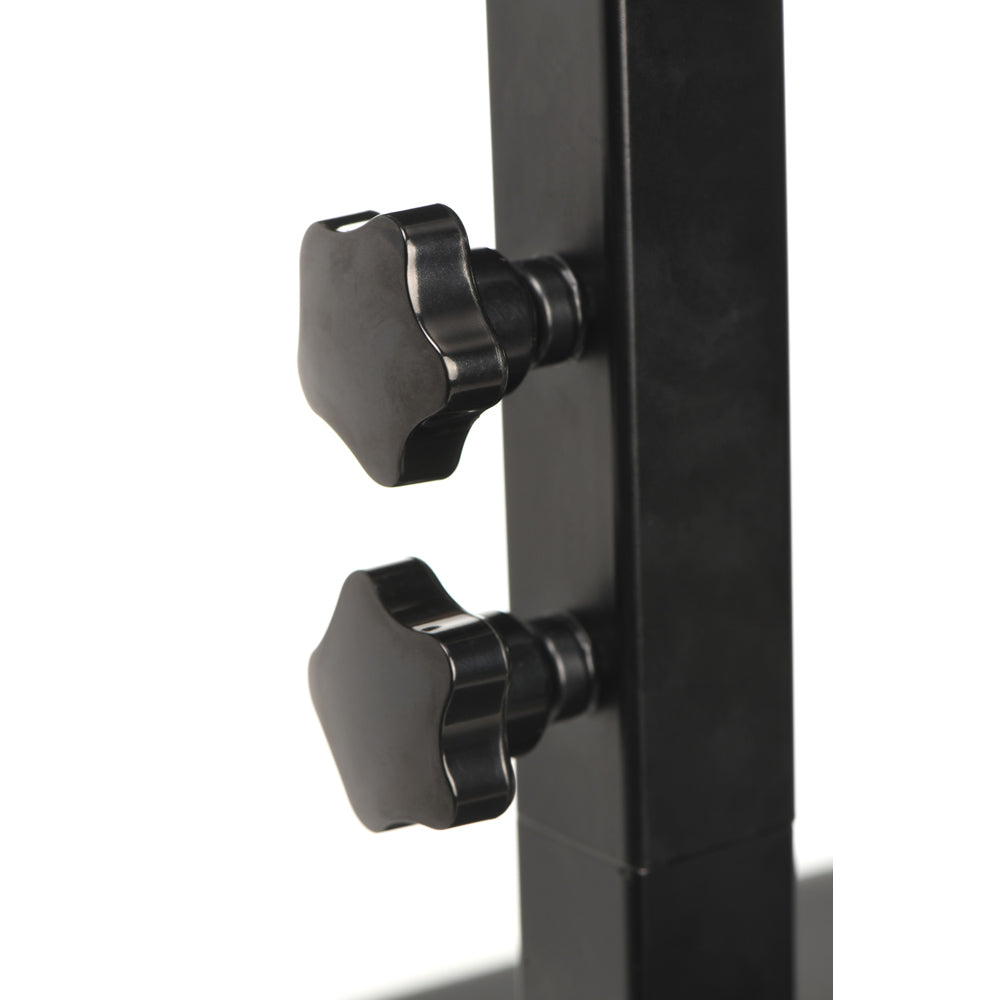 Black adjustable knobs on a metal frame.