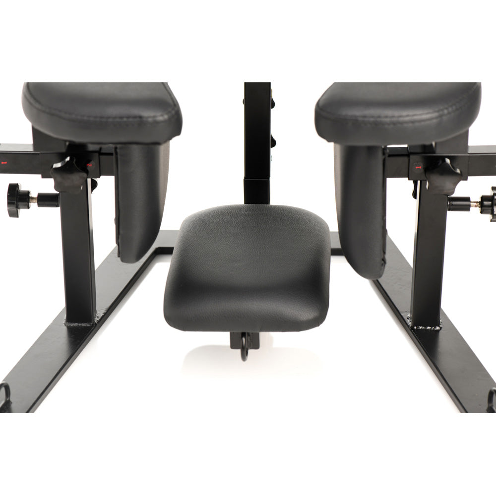 Adjustable black sex chair with padded seats and metal frame.