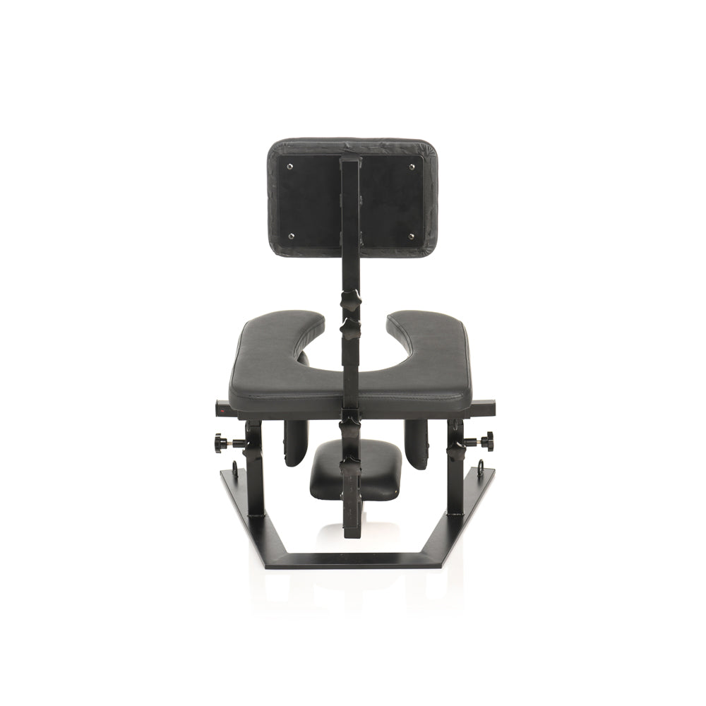 Black adjustable pleasure throne sex chair with headrest and footrest.