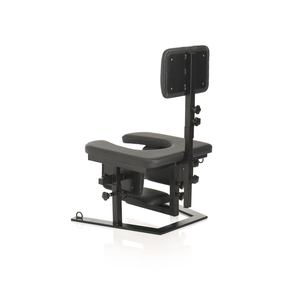 Adjustable black sex chair with cushioned seat, backrest, and attachment points.