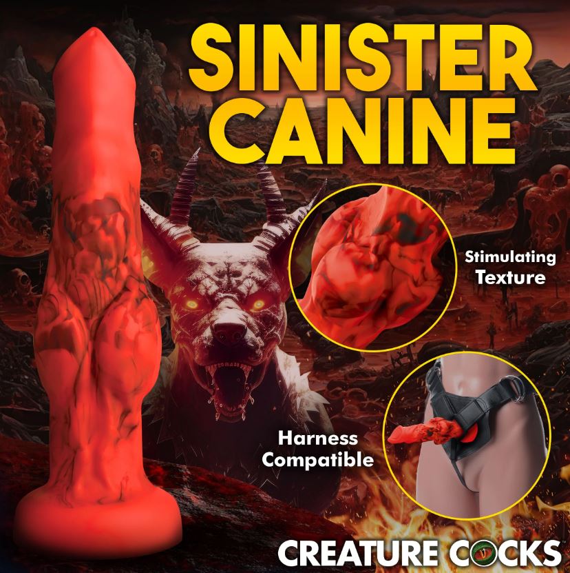 Red silicone dildo with a fantasy creature design and suction cup base.