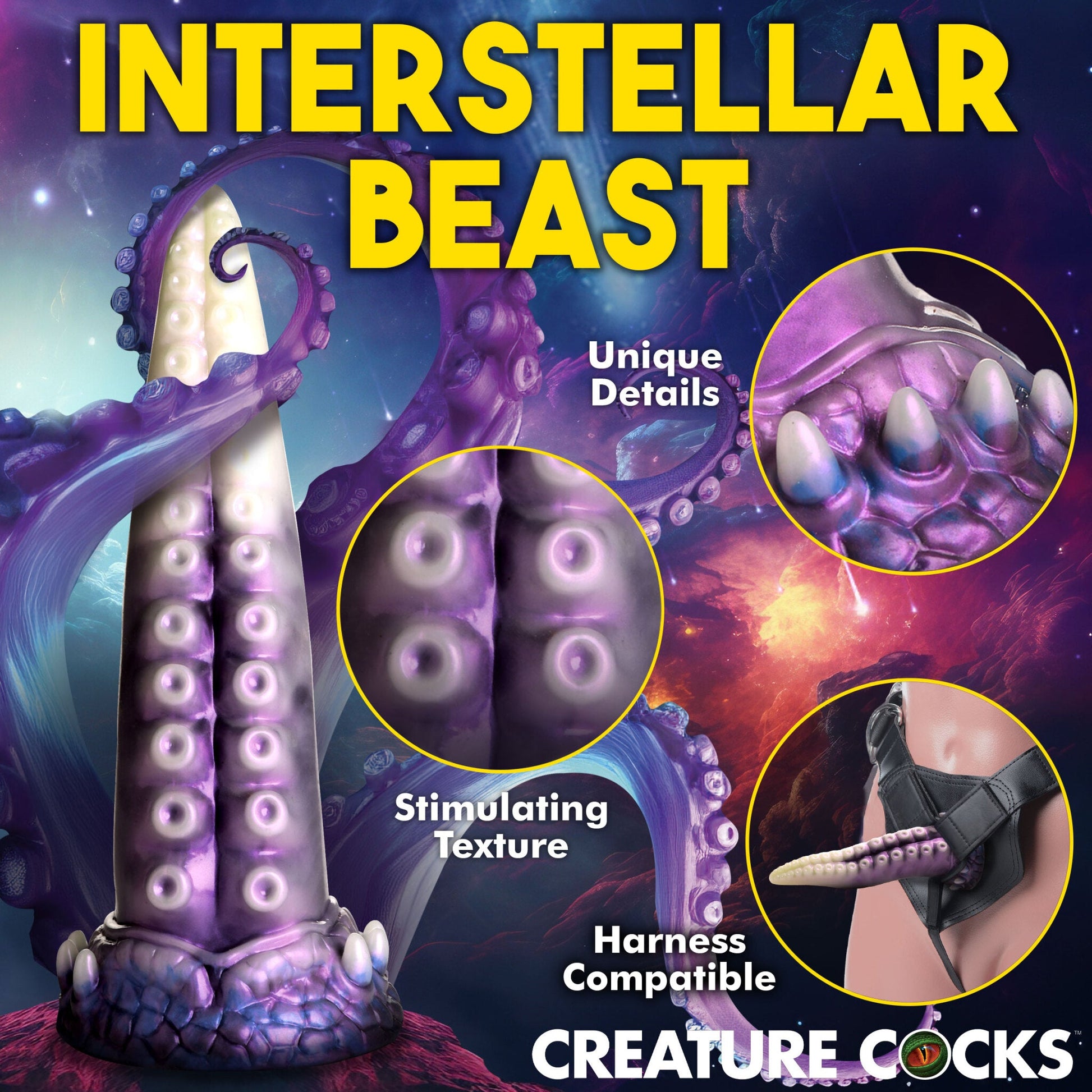 A purple tentacle dildo with suction cups and textured details.