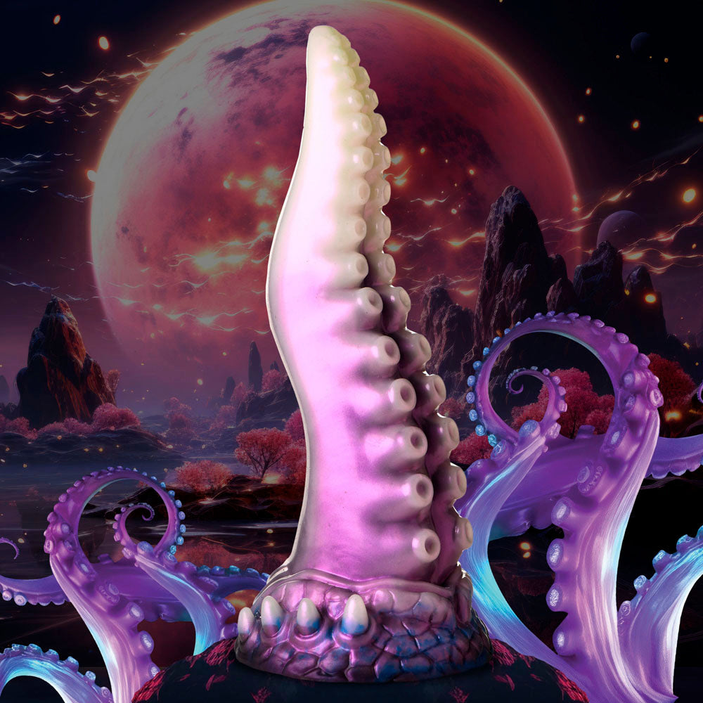 Astropus tentacle dildo in pearly white and purple with blue accents.