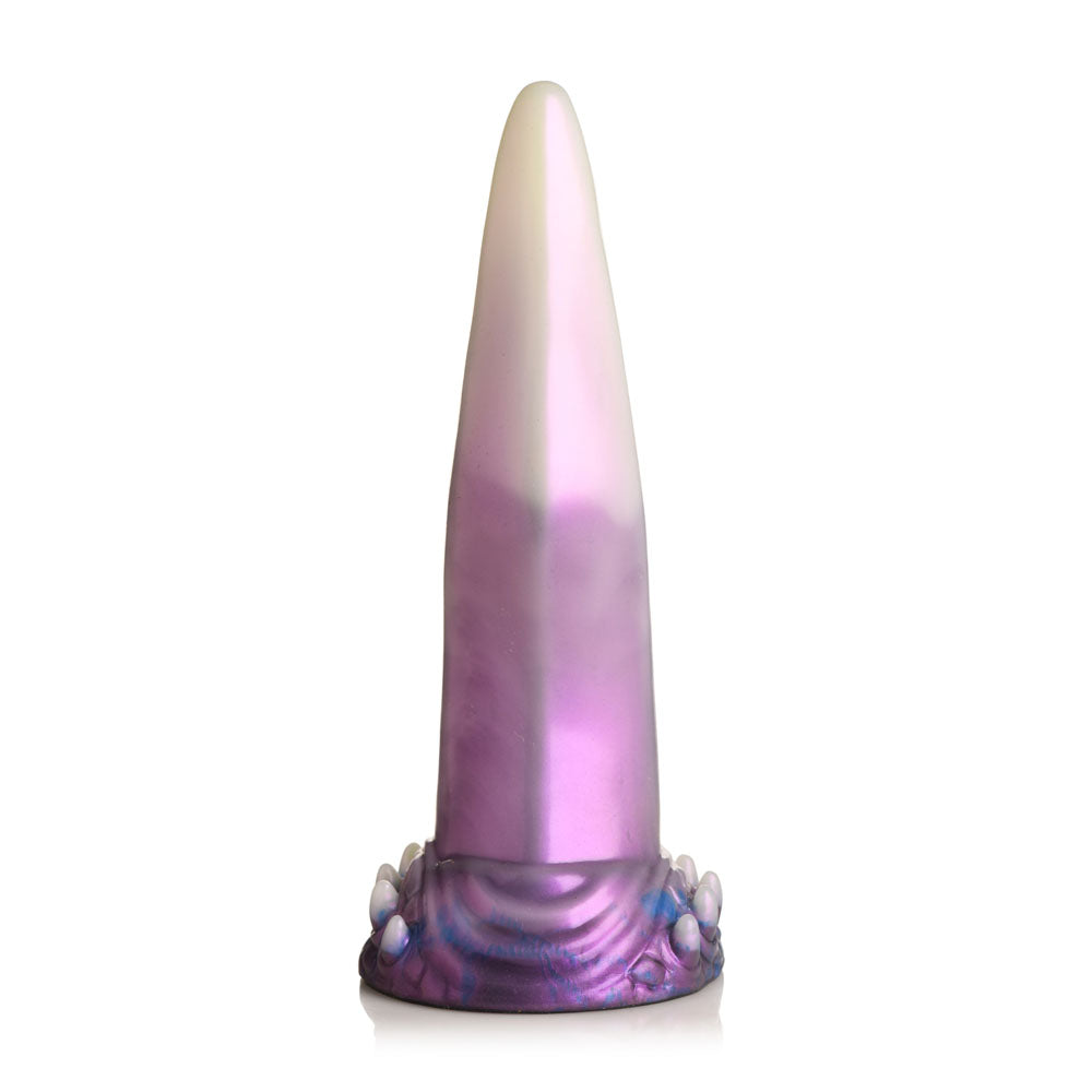 Tapered silicone dildo with tentacle base in white, purple, and blue.