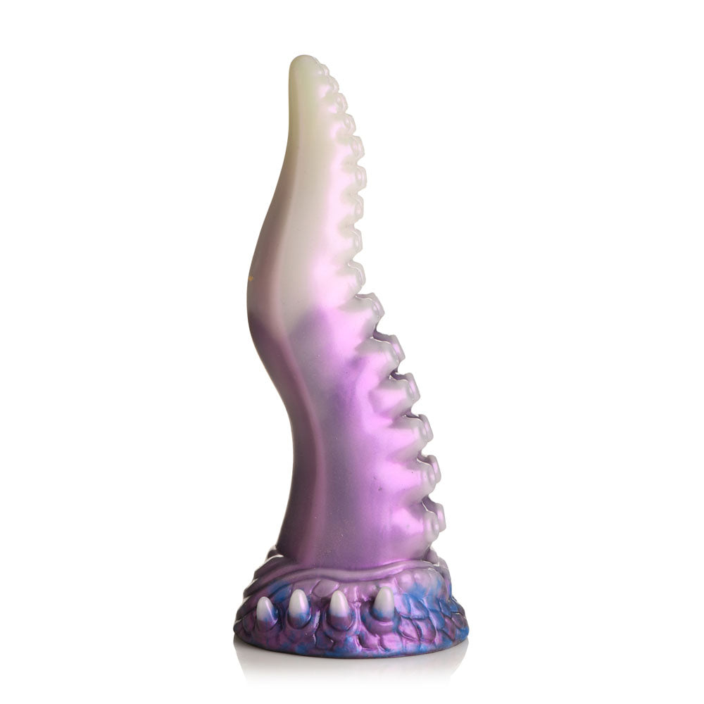 A purple and white tentacle dildo with textured suckers and a blue base.