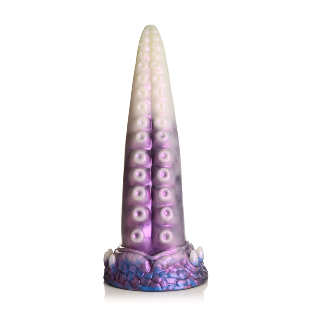 A purple and white tentacle dildo with suction cup base.