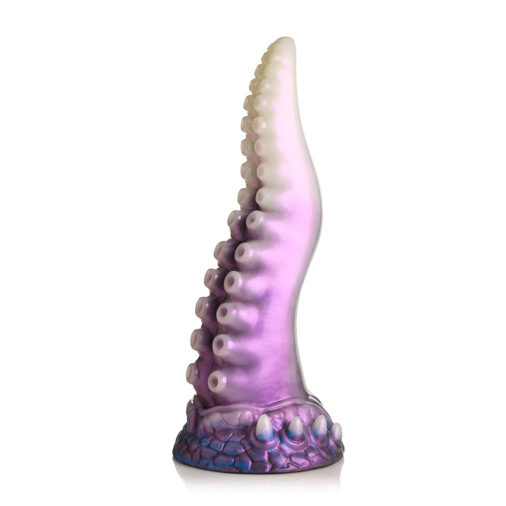 Purple and white tentacle dildo with textured suckers and a scaled base.