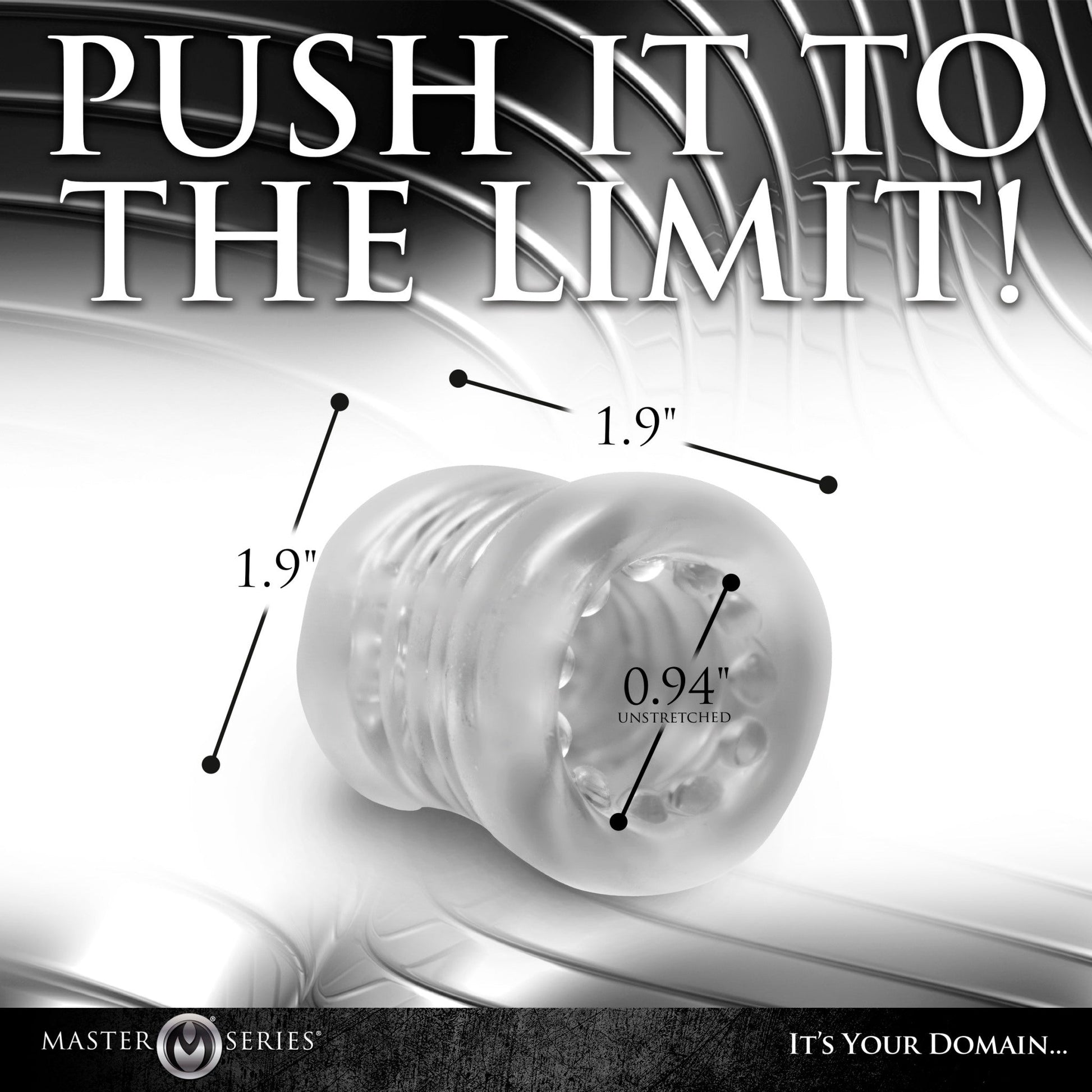 Clear stretchy TPE stacked ball stretcher with 1.9 inch diameter and 0.94 inch unstretched inner diameter.