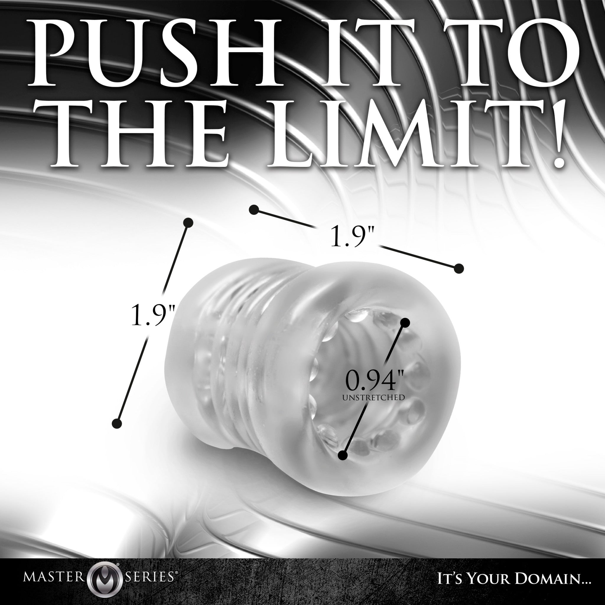 Clear stretchy TPE stacked ball stretcher with 1.9 inch diameter and 0.94 inch unstretched inner diameter.