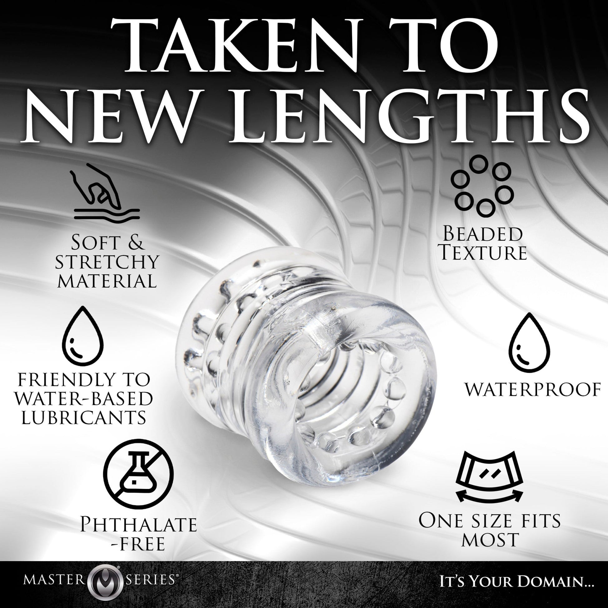 Clear stretchy TPE ball stretcher with beaded texture and phthalate-free material.
