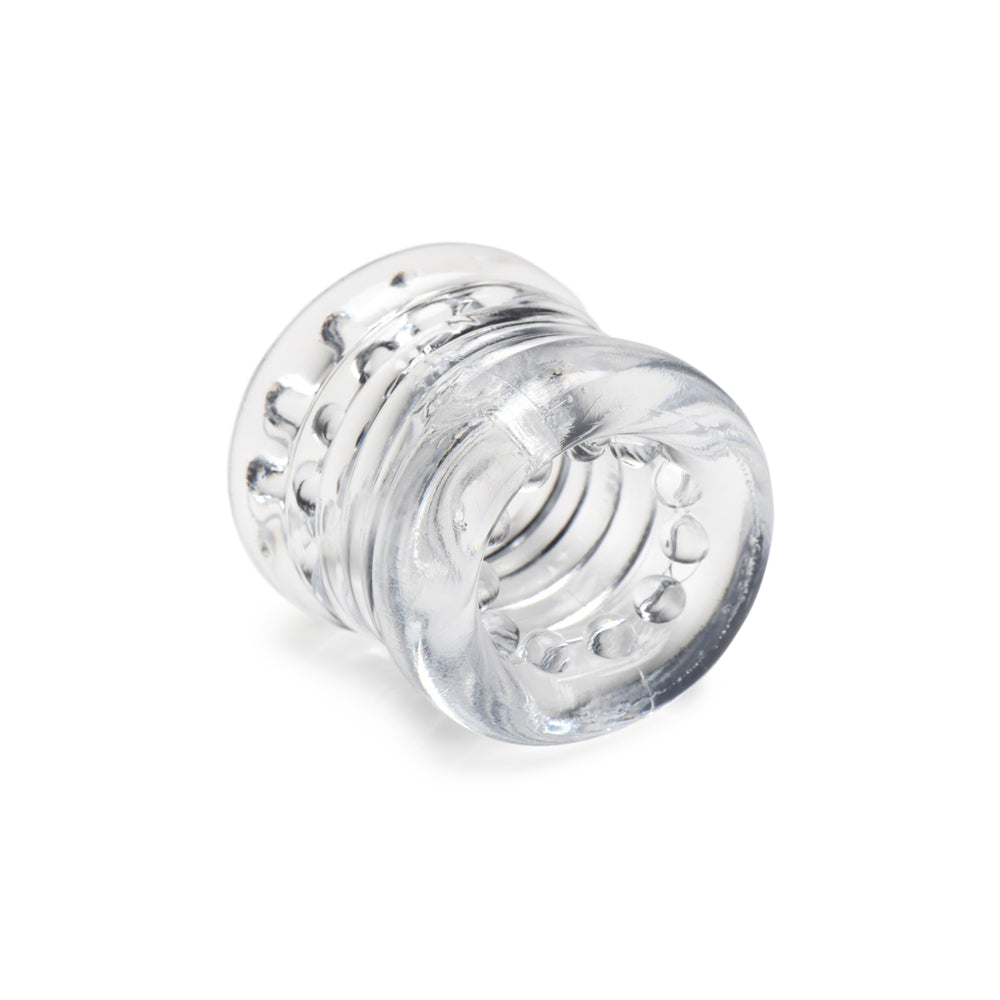 Clear stretchy TPE ball stretcher with textured nubs.