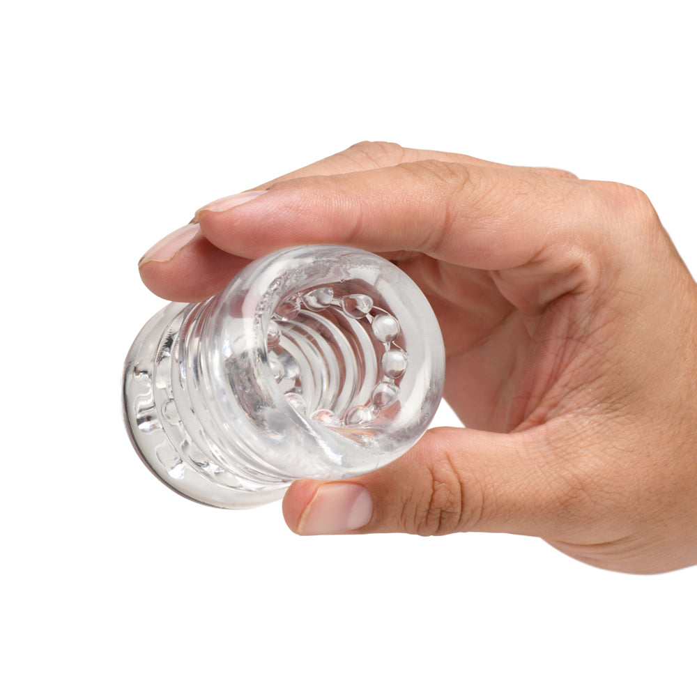 Clear stretchy TPE ball stretcher with textured nubs.