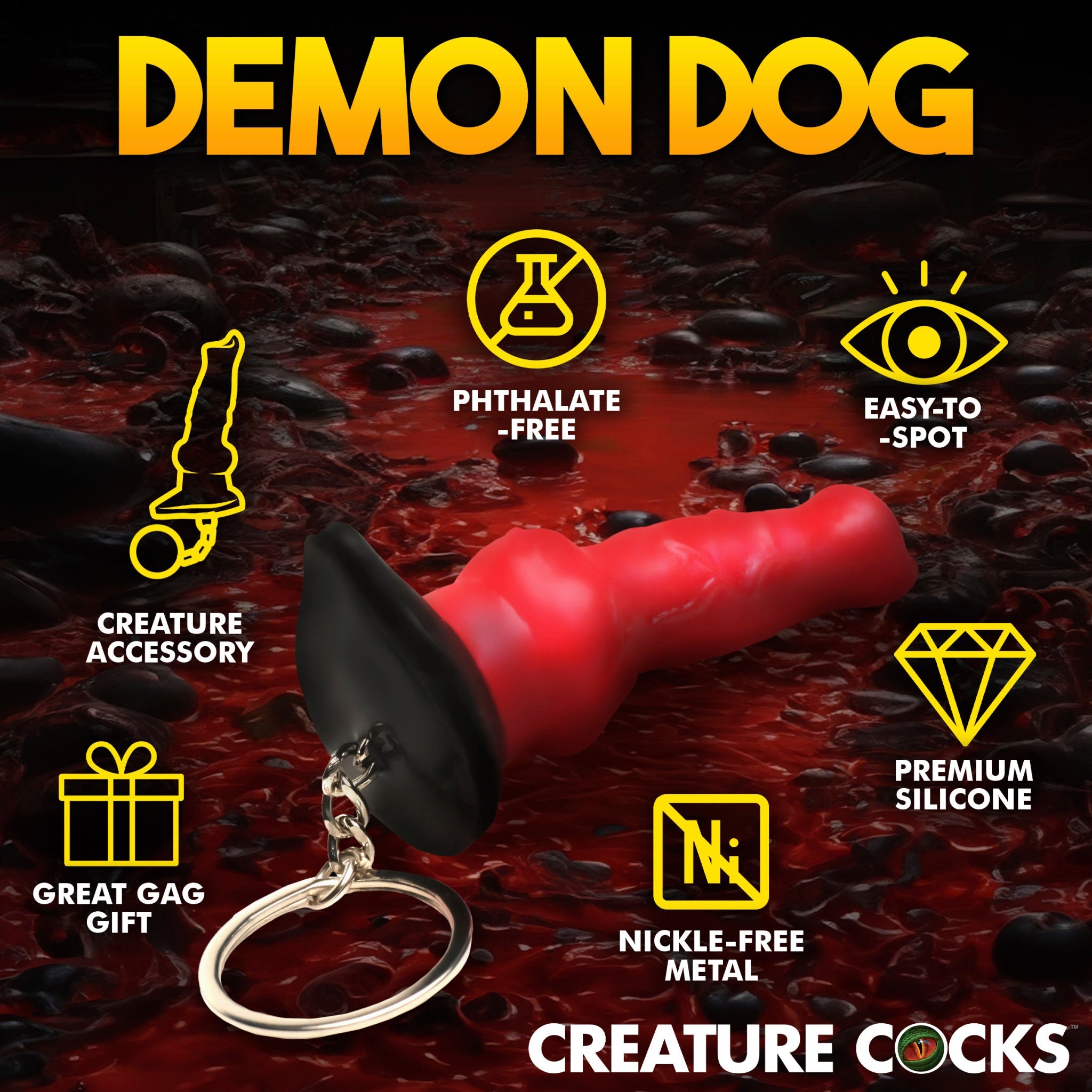 Red silicone Hell-Hound keychain with black base and nickel-free metal.