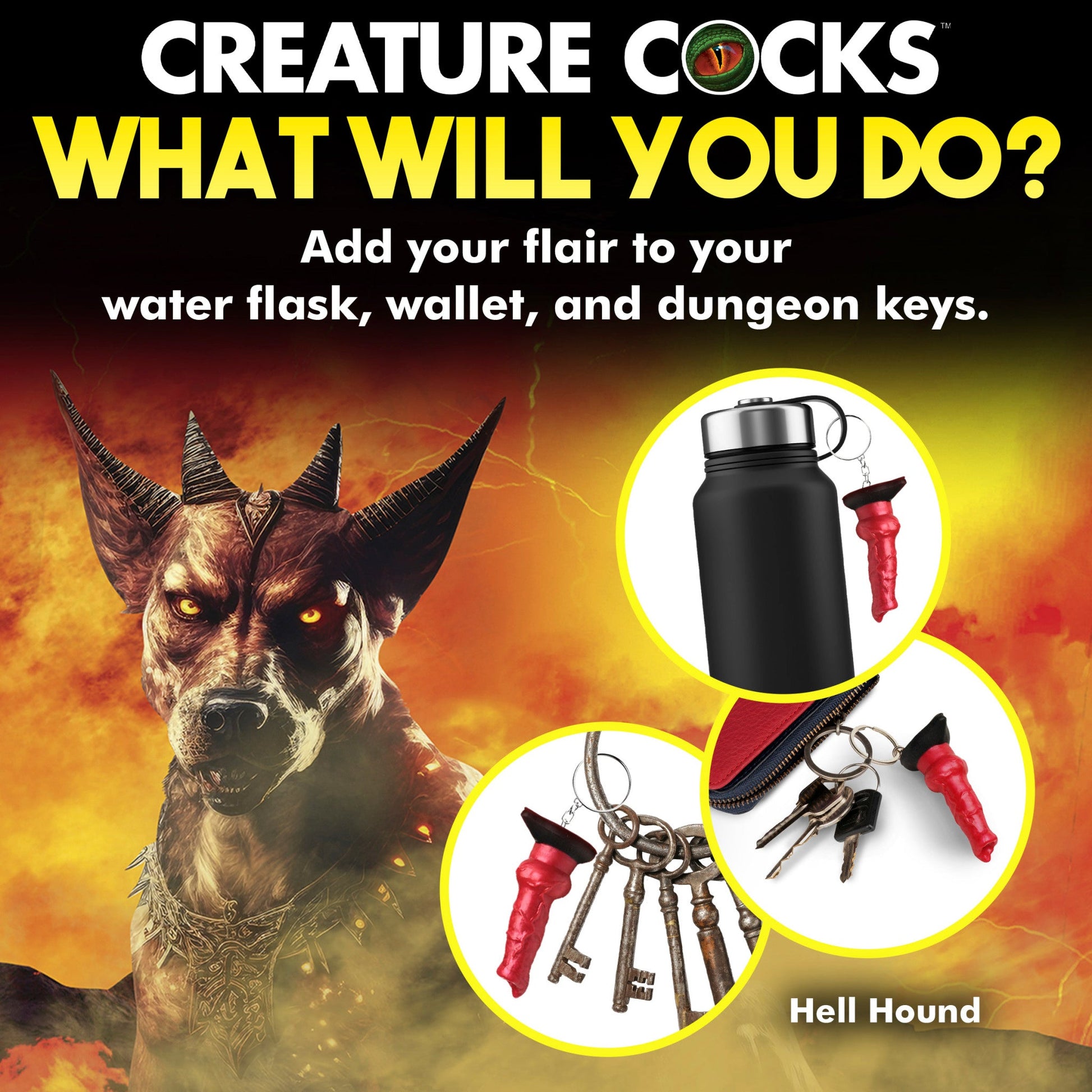 Hell-Hound silicone fantasy keychain with red and black design.