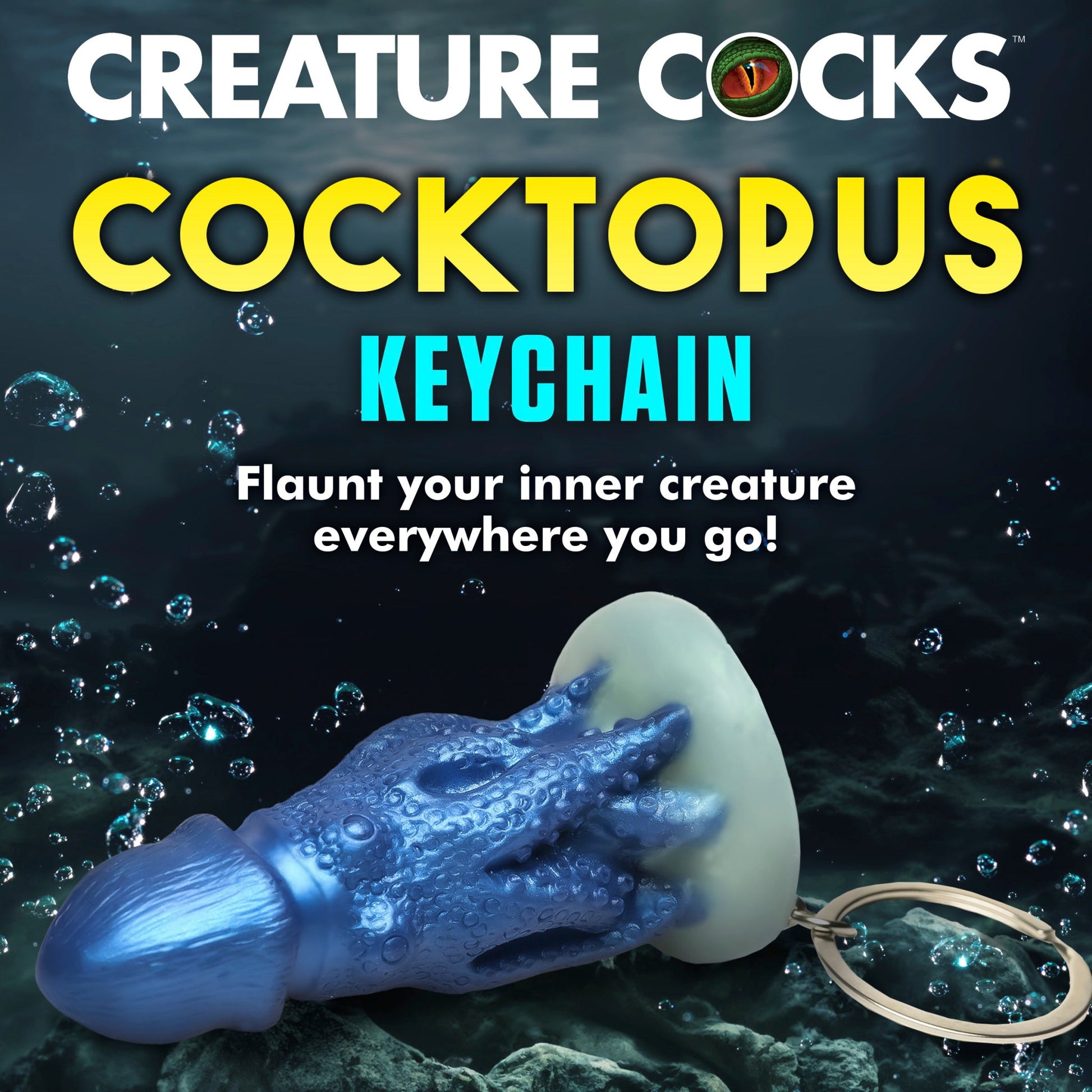 Blue silicone octopus creature keychain with a keyring.