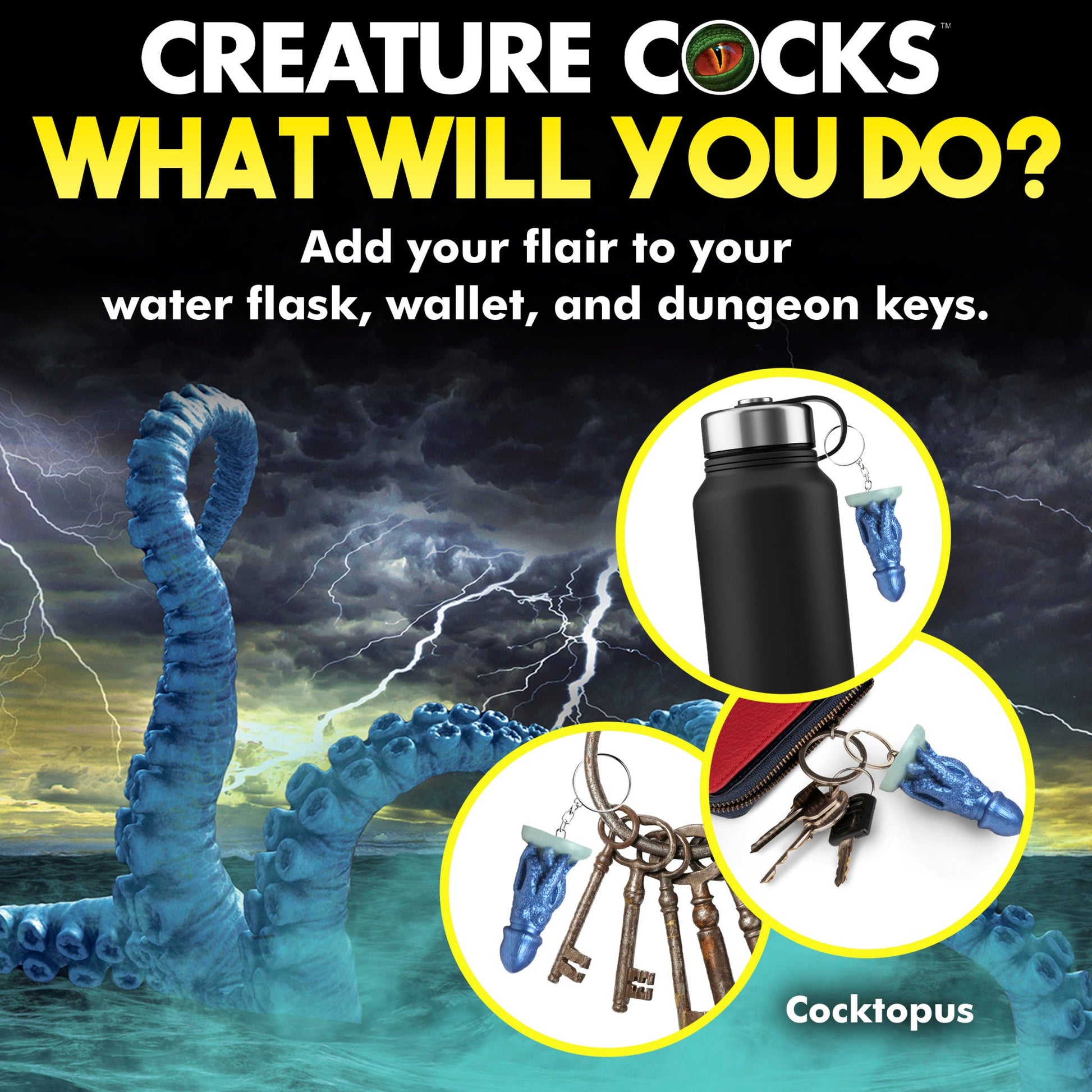 Cocktopus silicone fantasy creature keychain with blue tentacles.