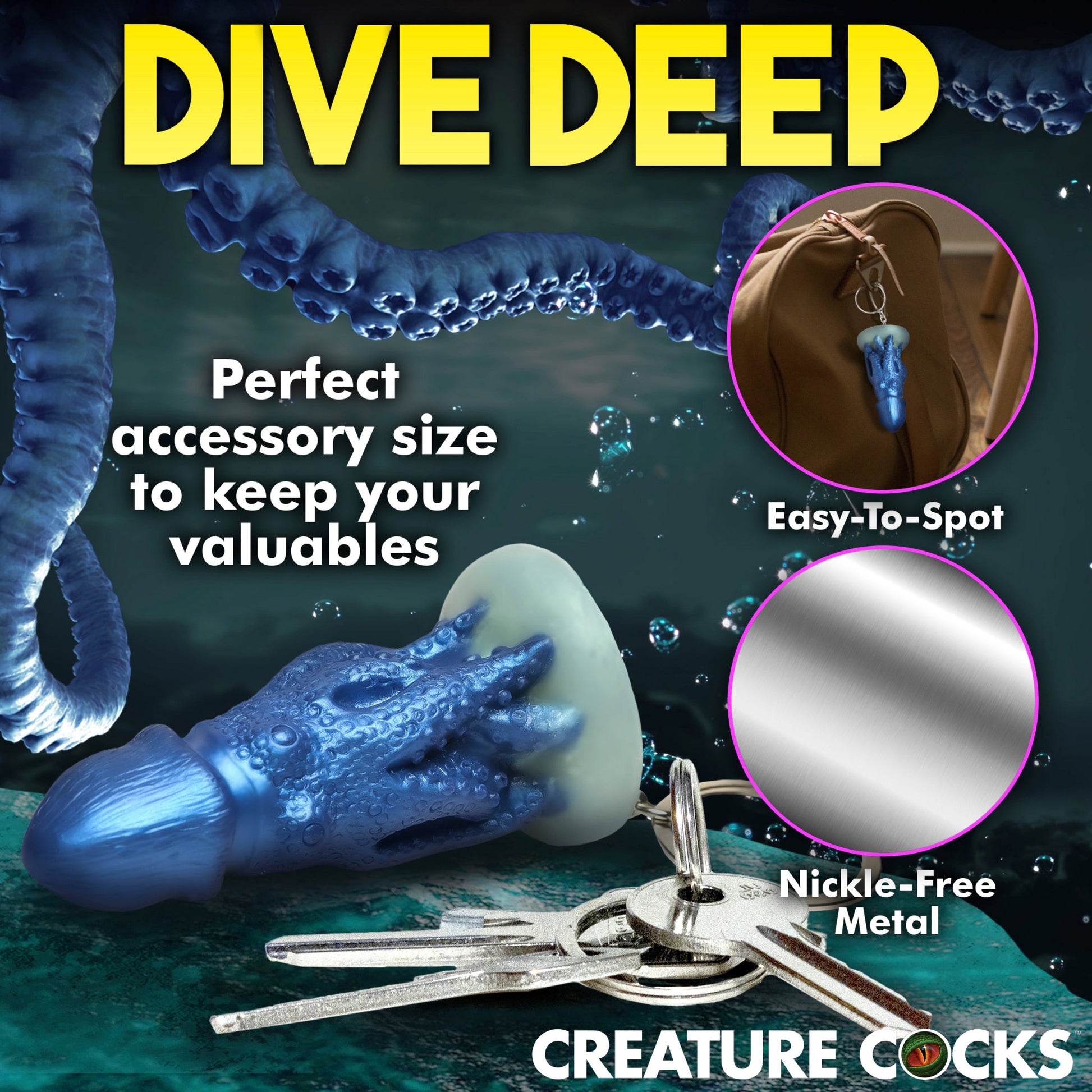 Blue silicone octopus creature keychain with keys and text.