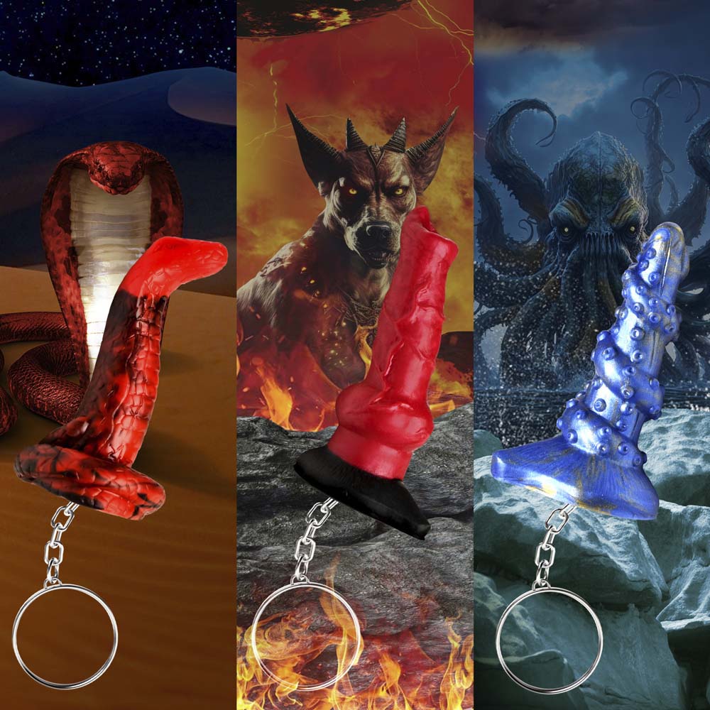 Miniature silicone keychains featuring a king cobra, hell-hound, and kraken.
