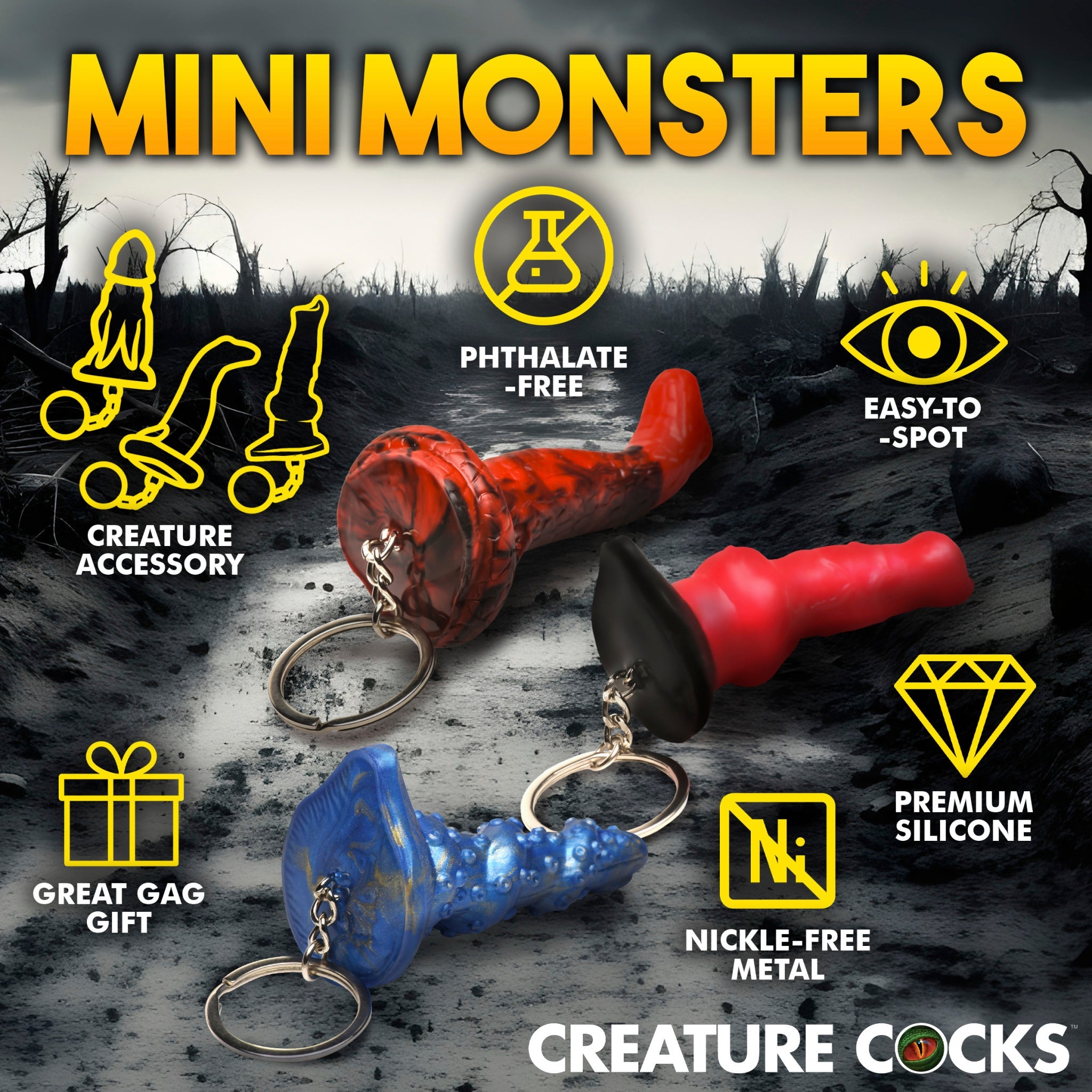 Miniature fantasy silicone keychains in red, blue, and black with keychain rings.