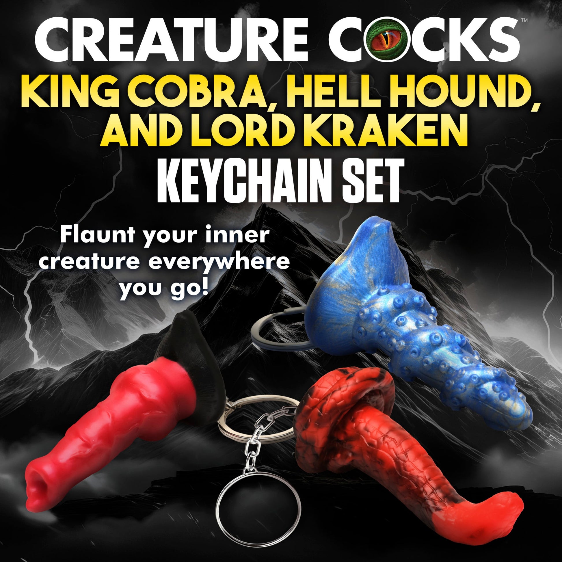 Miniature fantasy silicone keychains in red, blue, and red snake designs.