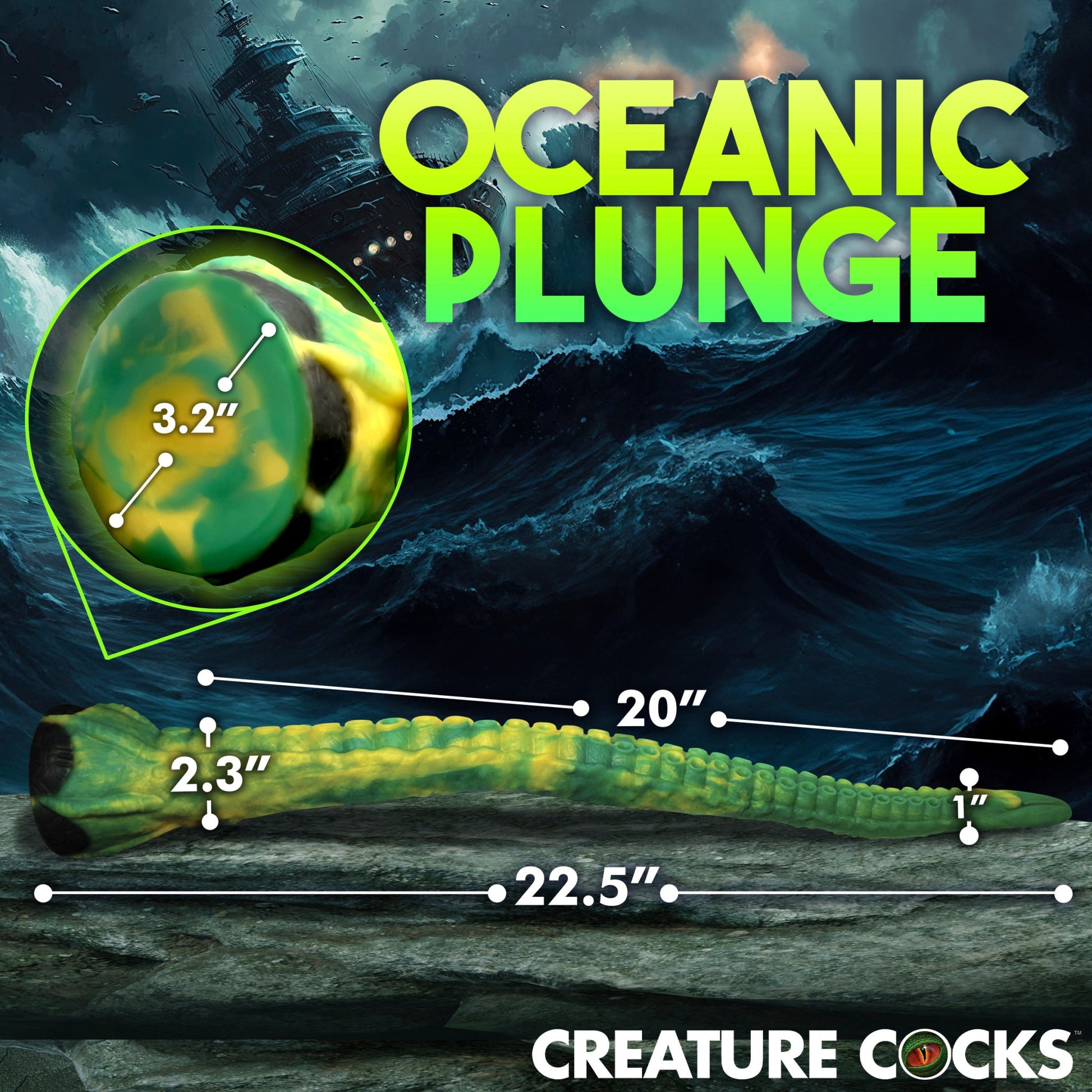 A green and yellow textured silicone dildo with measurements.