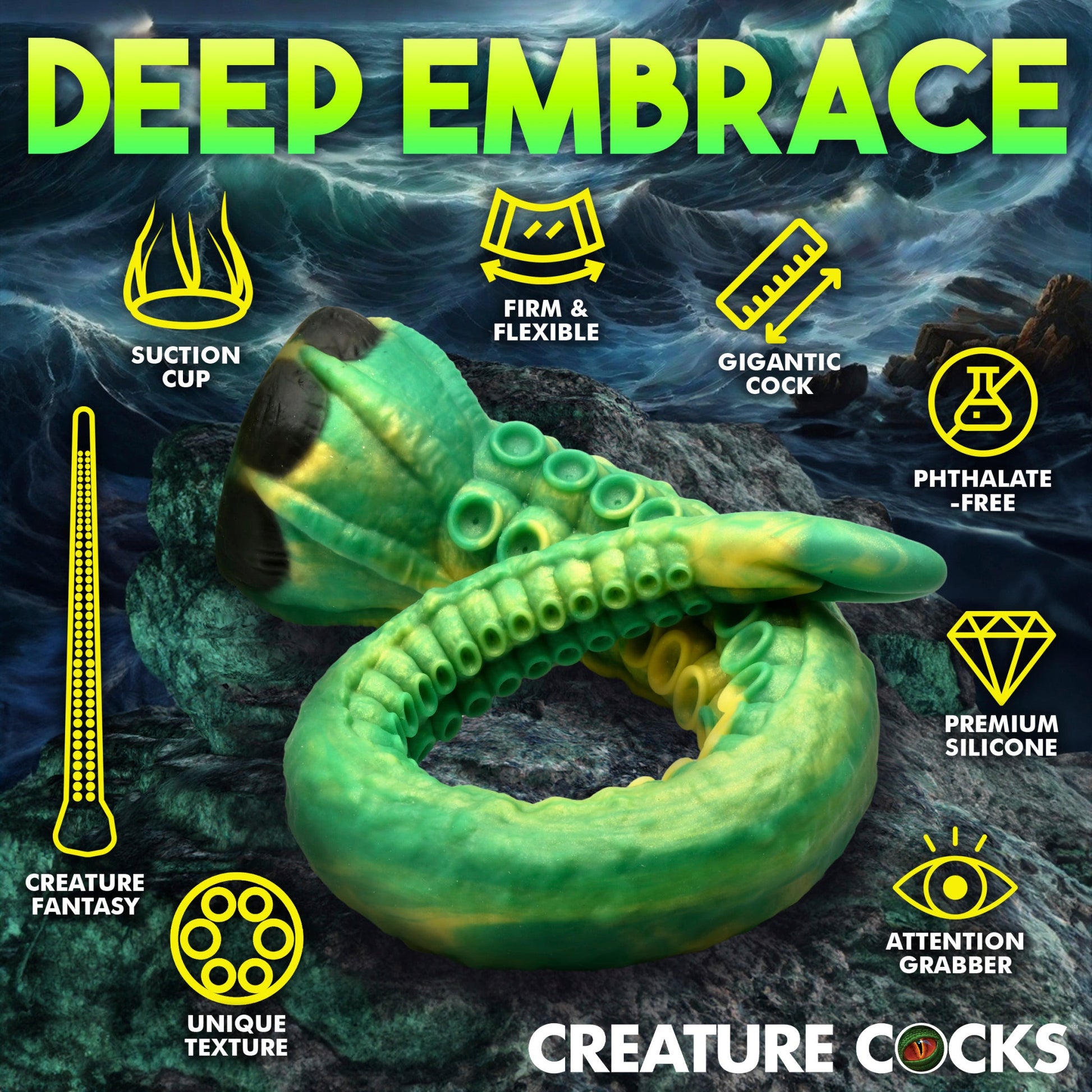 A green and yellow tentacle dildo with suction cup base and textured suckers.