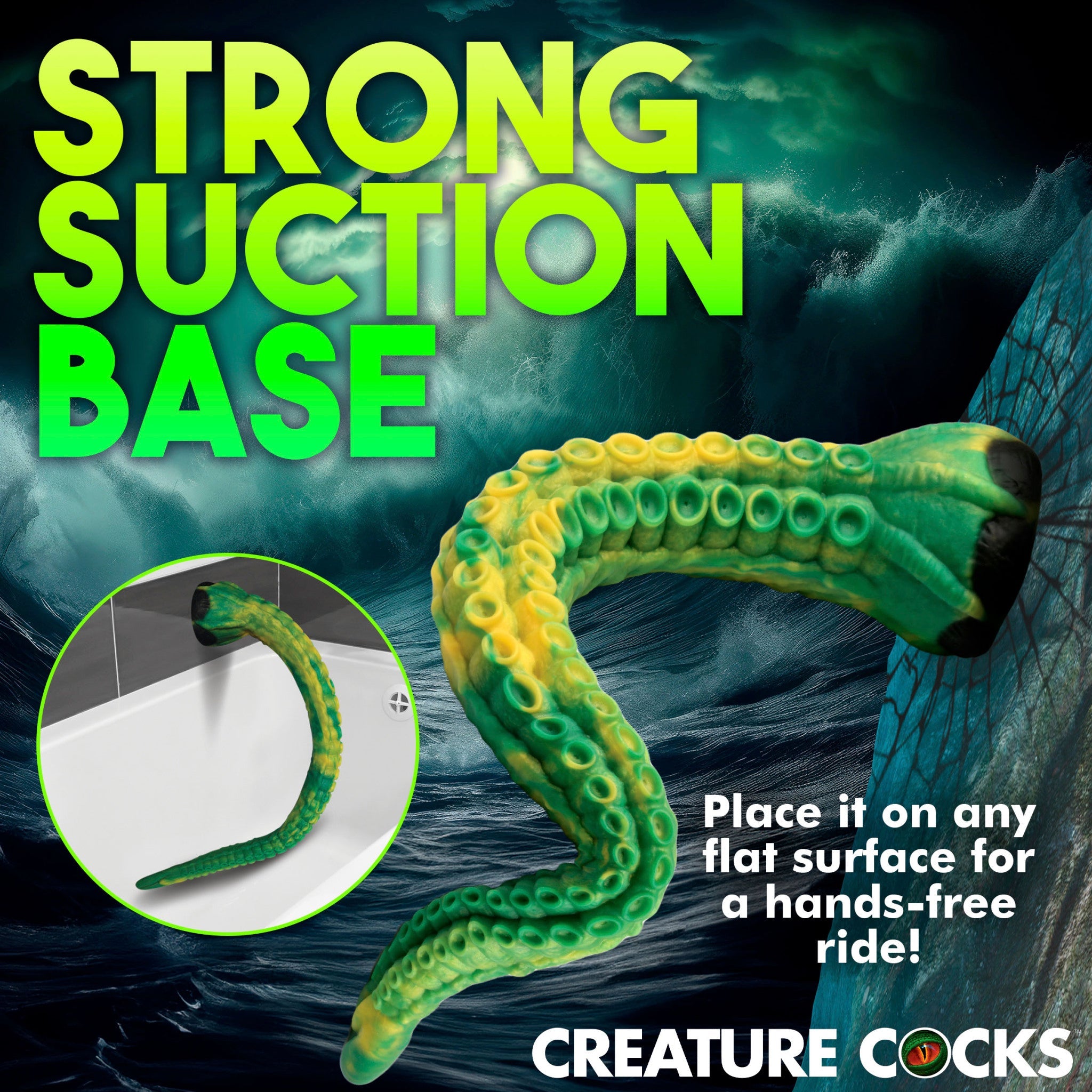 A green and yellow tentacle dildo with a suction cup base.