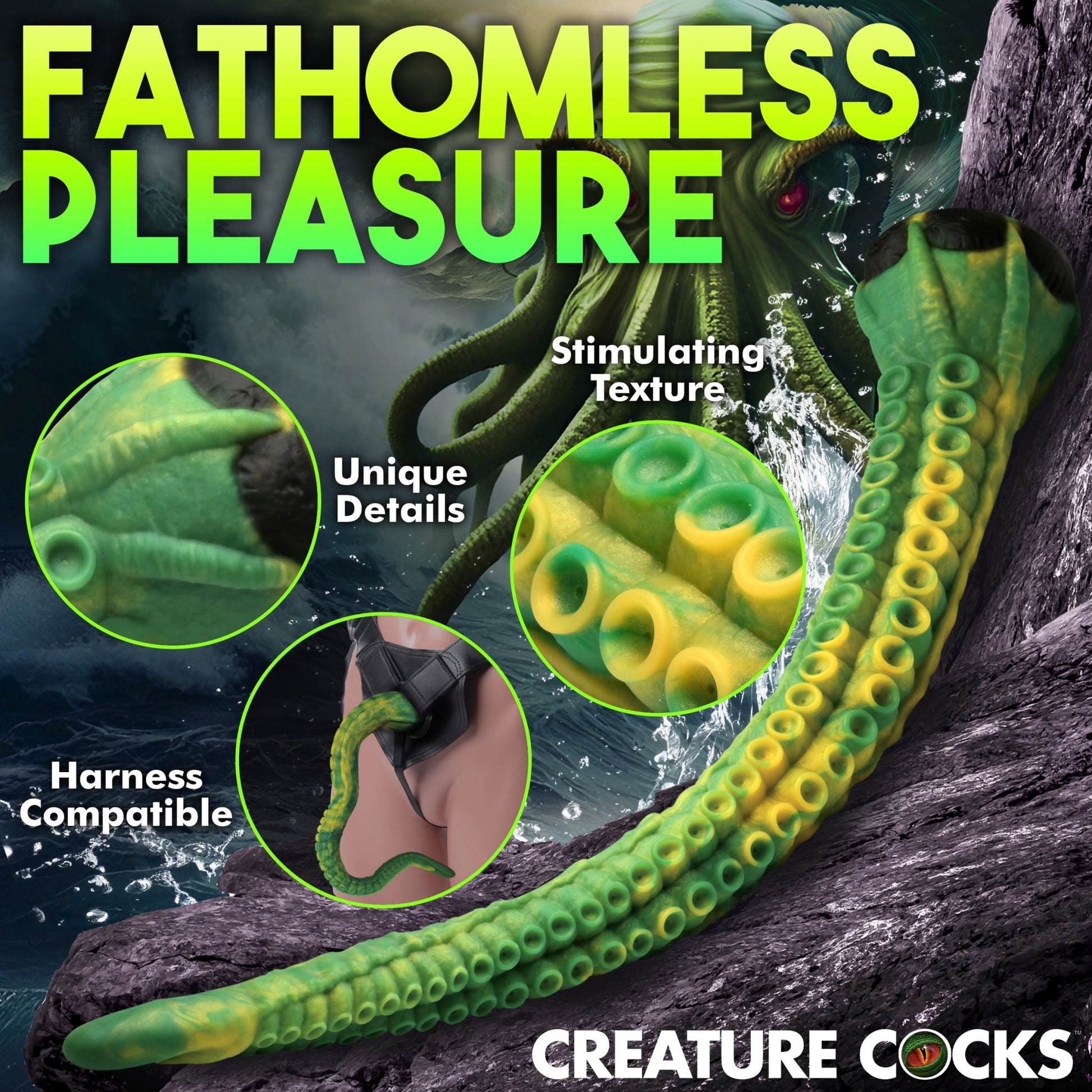 A long, green and yellow tentacle dildo with suction cups and a harness attachment.