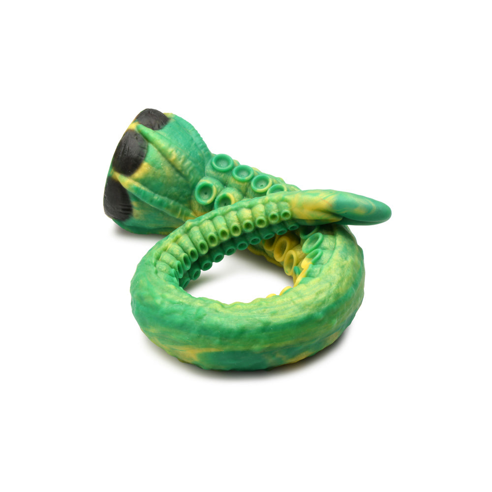 Green and yellow silicone dildo shaped like a tentacle with suckers.