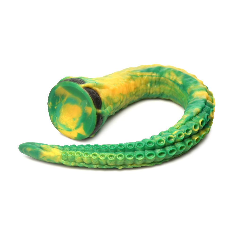 Yellow and green marbled silicone dildo with tentacle-like texture and suction cup base.