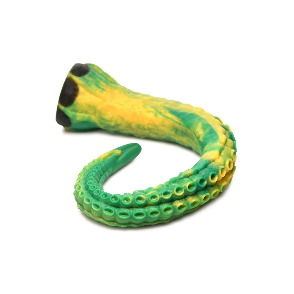 Yellow and green silicone tentacle dildo with suckers.