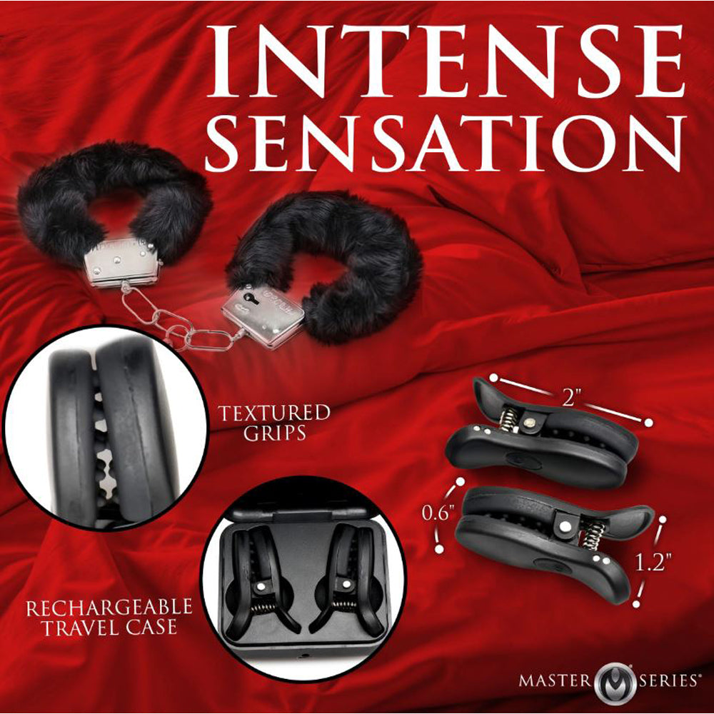 Master Series vibrating nipple clamps with textured silicone grips in a rechargeable case.