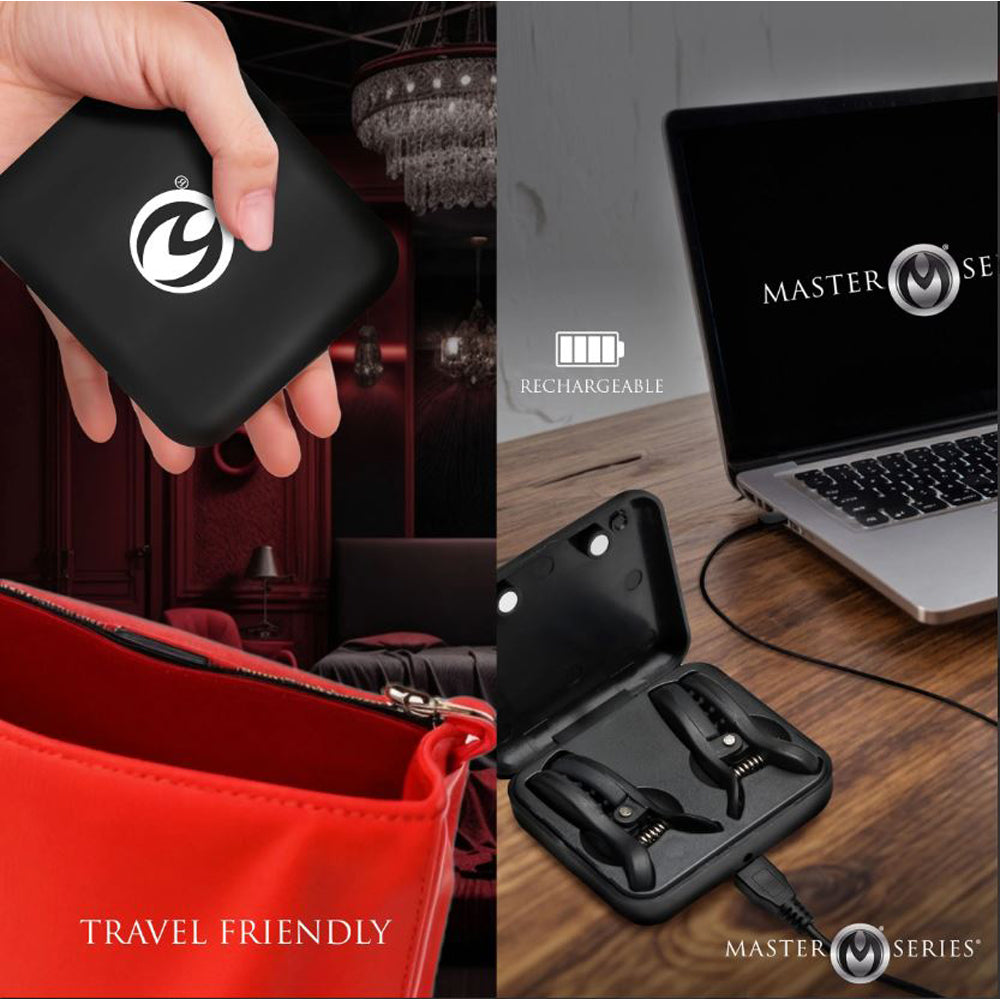 Rechargeable vibrating nipple clamps in a charging case with a laptop and red bag.