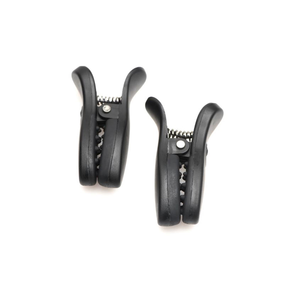 Two black silicone vibrating nipple clamps with textured grips.