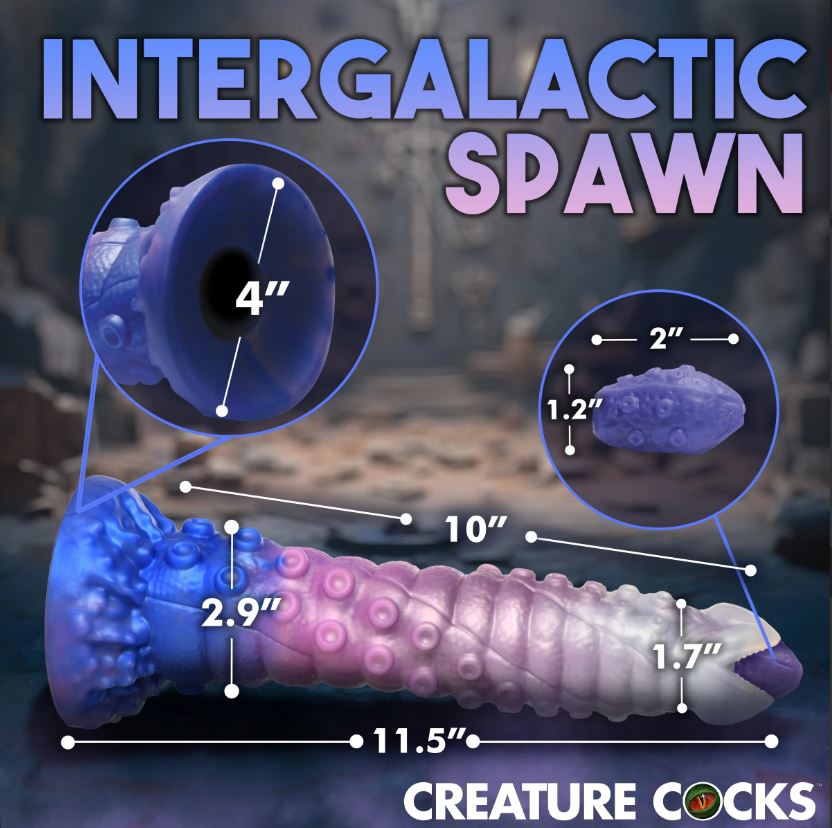 Large silicone ovipositor dildo with tentacle texture and eggs.