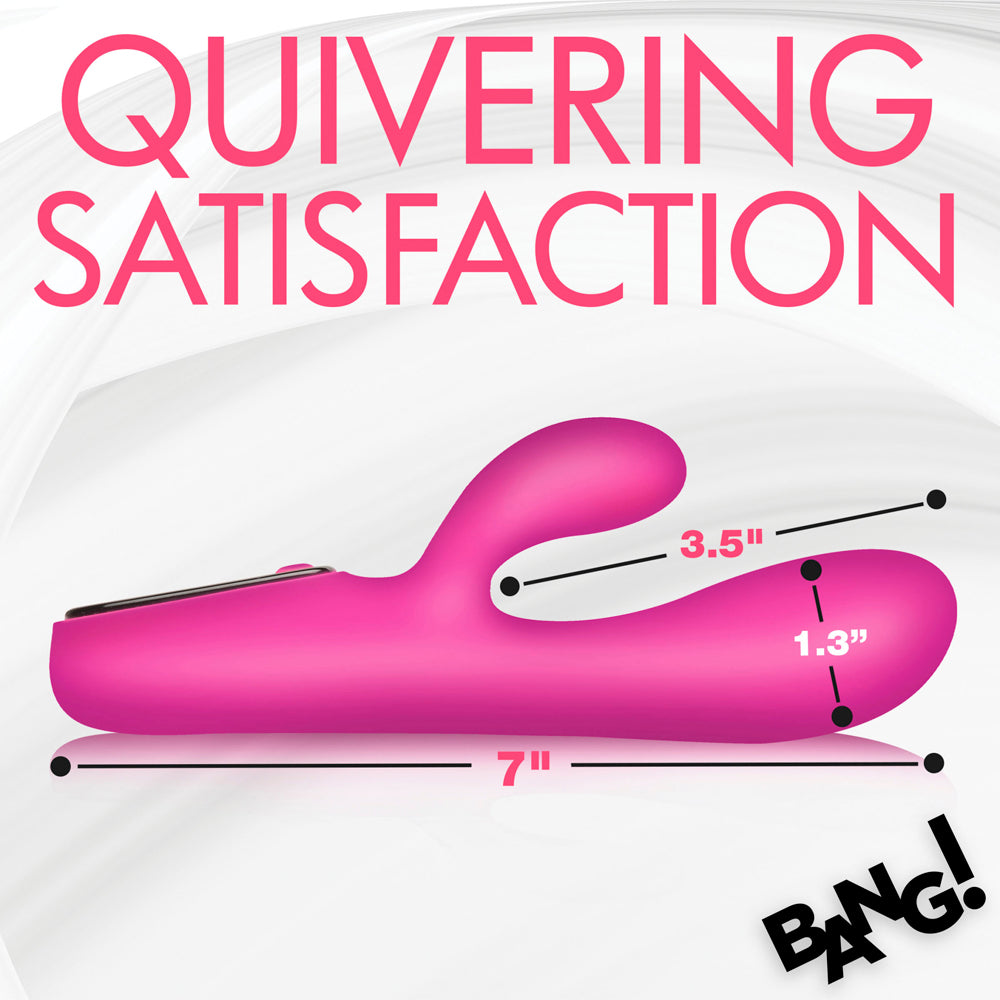 Pink silicone rabbit vibrator with dimensions 7 inches long, 3.5 inches wide, and 1.3 inches thick.