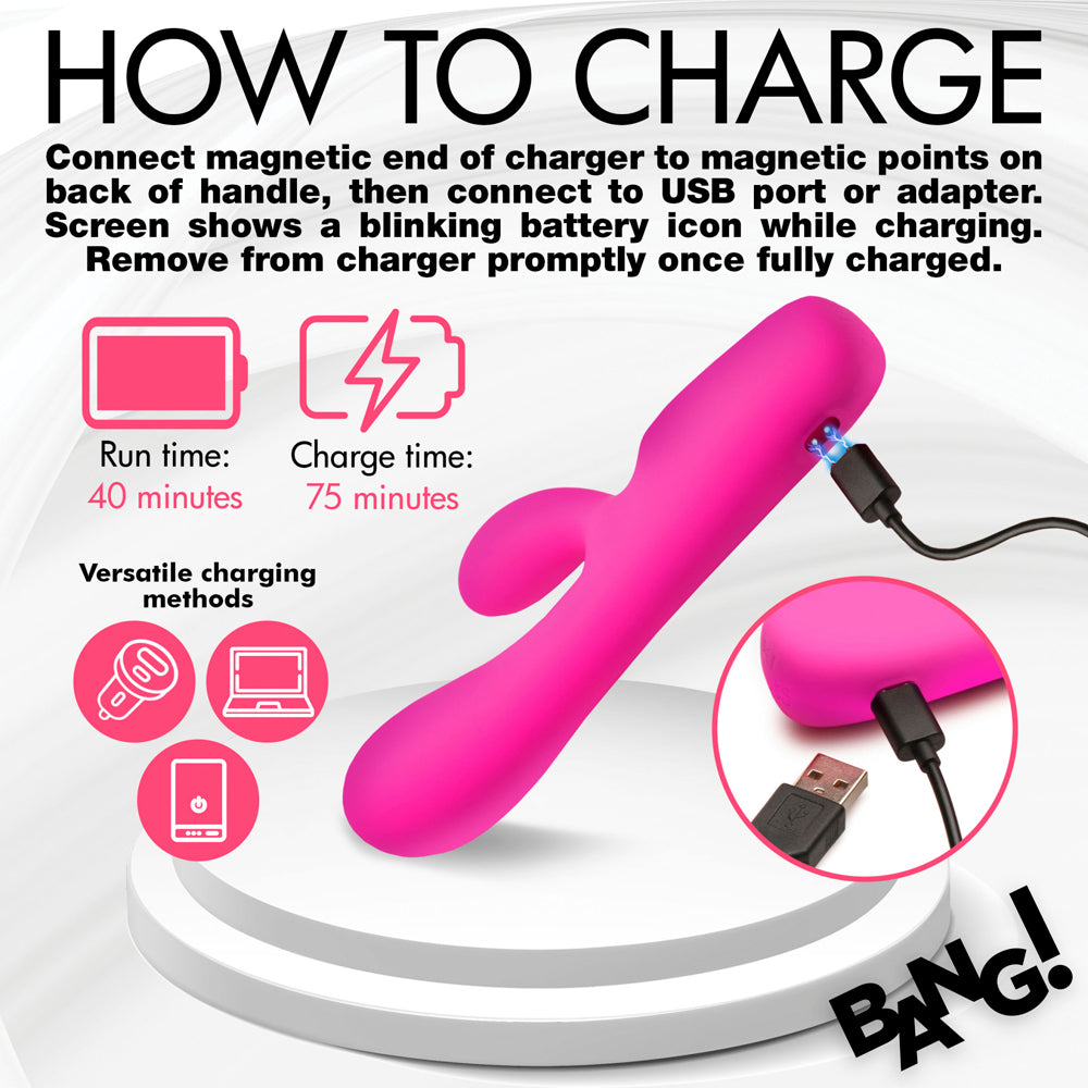 Pink rabbit vibrator charging via USB with run and charge times listed.